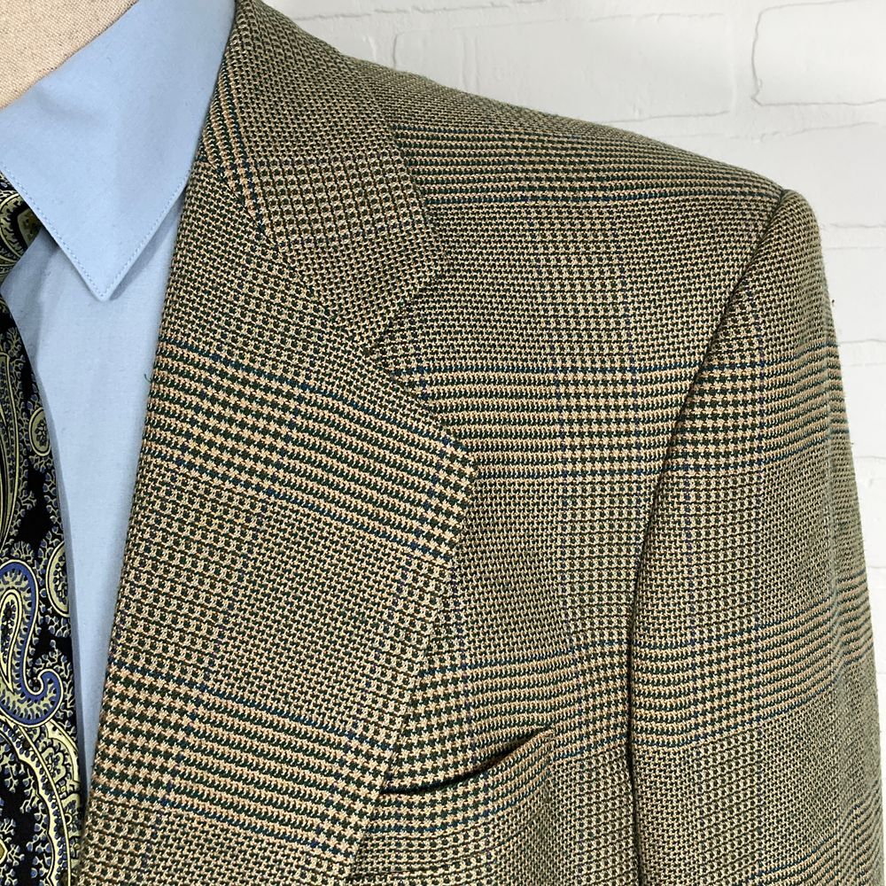 Michaels Blazer Men‎ 46 Tan Green Glen Plaid Bespoke Wool Classic Jacket USA VTG